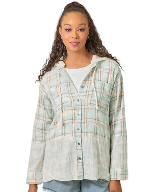 339. Light Mint Plaid Button-Up Hoodie Shirt